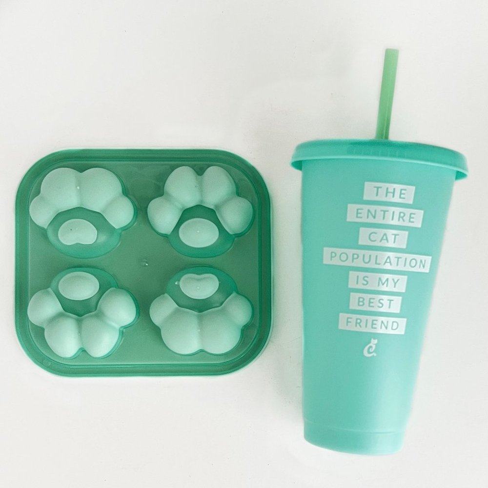 NEW Cat Lady Color Changing 24 oz Tumbler & Silicone Kitty Paw Ice Cube Tray